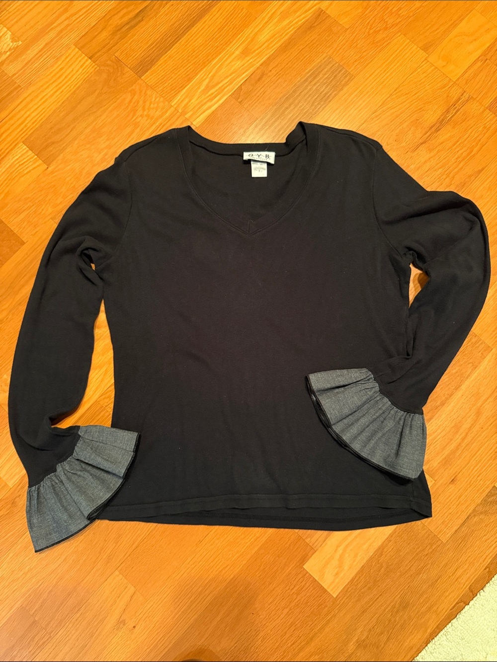 O.Y.B. Black V-Neck Long Sleeve Top with Gray Ruffle Cuffs